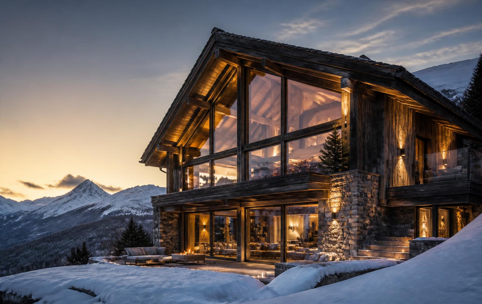 Modern Alpine chalet in wood and stone with large windows and views over snow-capped peaks at sunset