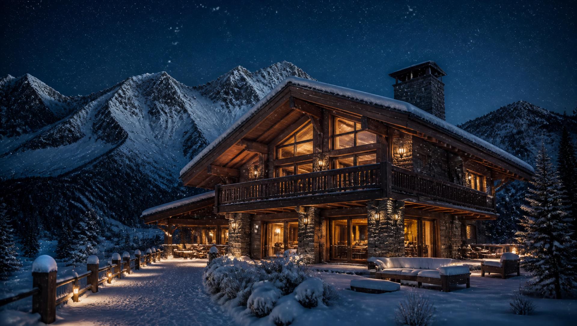 Alpine chalet lit up at night in the snow, facing the mountains