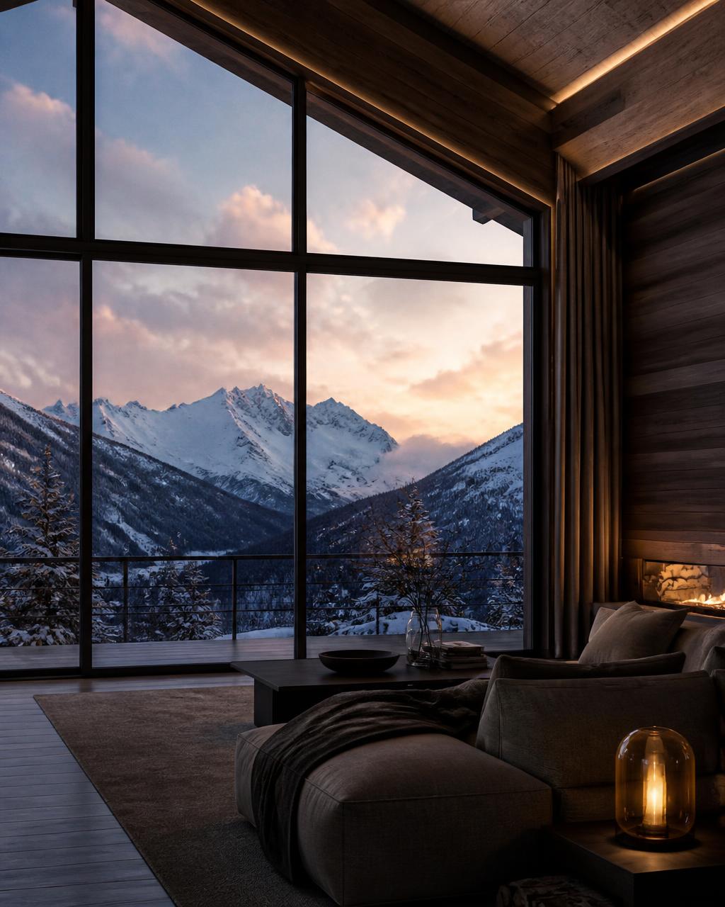 Panoramic view from a contemporary chalet at dusk, snow-covered mountains and a warm interior